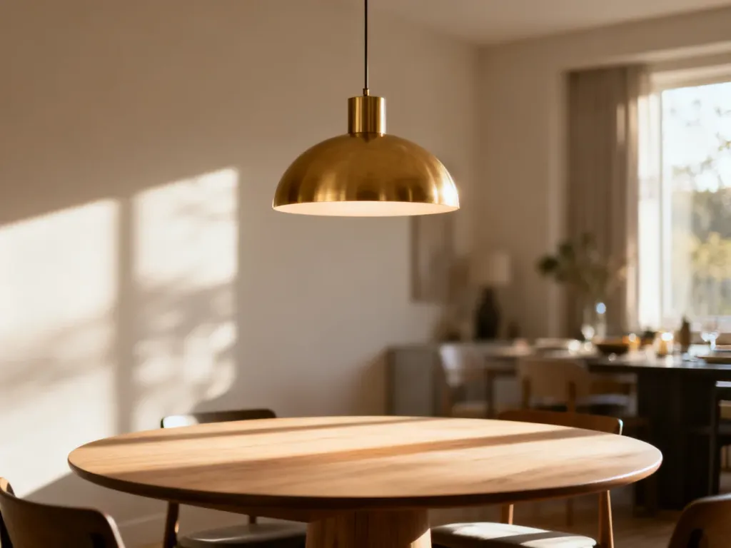 Elegancka, mosiężna lampa wisząca nad minimalistycznym, okrągłym stołem, tworząca przytulny nastrój w nowoczesnej jadalni.
