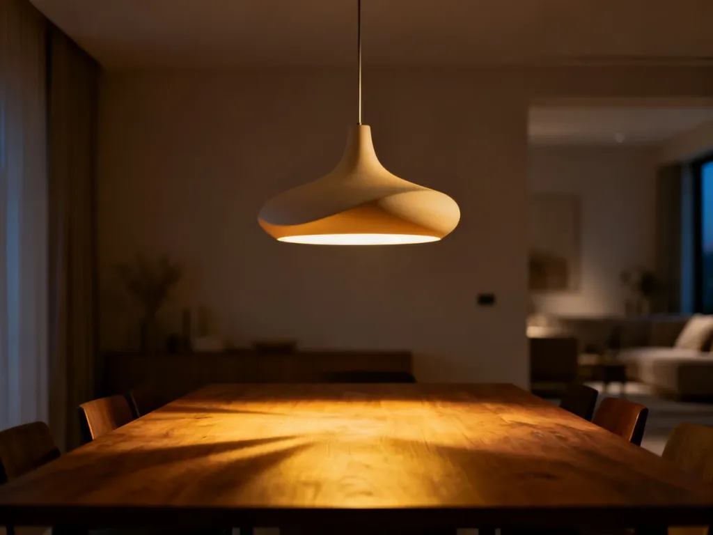 Nowoczesna lampa wisząca o rzeźbiarskim kształcie, oświetlająca drewniany stół w przytulnej jadalni.