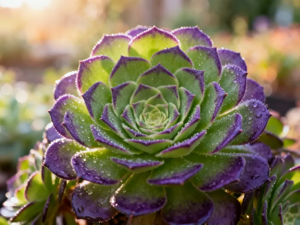 Zbliżenie na soczystą rozetę sukulenta Aeonium z widocznymi kroplami rosy na liściach w porannym świetle.