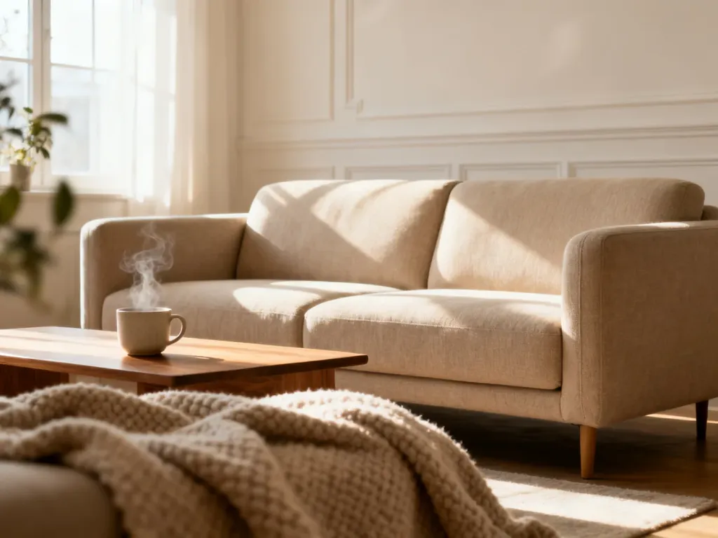 Jasna, minimalistyczna sofa w beżowym kolorze jako centralny punkt nowoczesnego salonu z przytulnymi dodatkami.