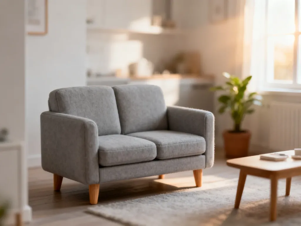 Jasnoszara, dwuosobowa sofa o minimalistycznym designie, idealnie pasująca do aranżacji niewielkiego salonu.