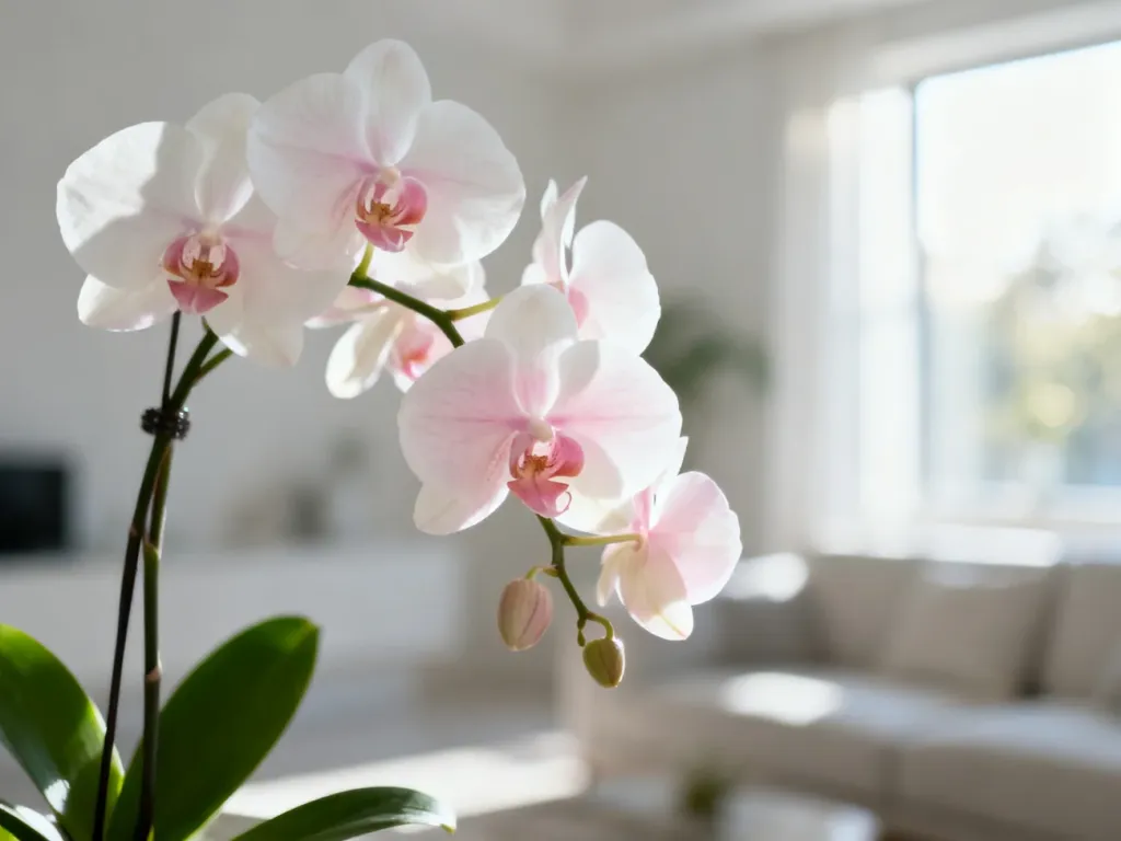 Kwitnąca orchidea Phalaenopsis o biało-różowych płatkach na tle jasnego, nowoczesnego salonu w świetle poranka.