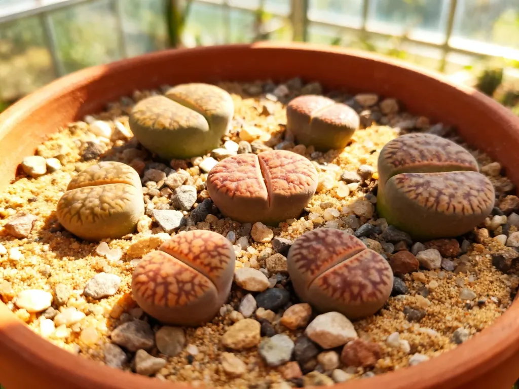 Kilka okazów Lithops, czyli żywych kamieni, rosnących w doniczce z piaskiem i drobnymi kamykami w słonecznym świetle.