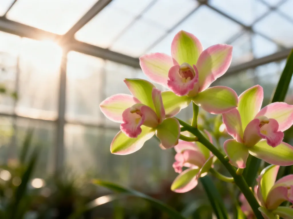 Kwiaty storczyka Cymbidium o różowo-limonkowych płatkach w słonecznej szklarni.