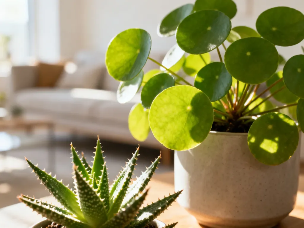 Zdrowa roślina Pilea peperomioides z charakterystycznymi okrągłymi liśćmi w minimalistycznej doniczce.